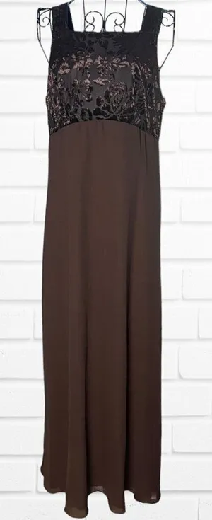Vintage Rhapsody Size 8 Square Neck Semi Formal Brown Maxi Dress‎ Lace Bodice thumbnail 1