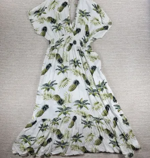 Blue Island Tropical Maxi Dress Sz L Pineapple Palm Print Rayon Tiered Open Back thumbnail 1