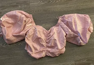 Revolve NWOT Boutique metallic puff sleeve ruched pink sweetheart crop top. Size Medium thumbnail 4