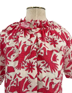 Nimo With Love Linen Bird Print Ruffle Neck Blouse‎ Red Cream Size XS thumbnail 1