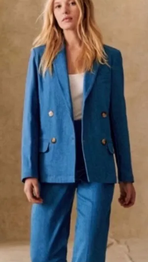 Sezane Christie Denim Blazer Baby Blue Double Breasted Jacket NWT US 4 FR 36 thumbnail 1
