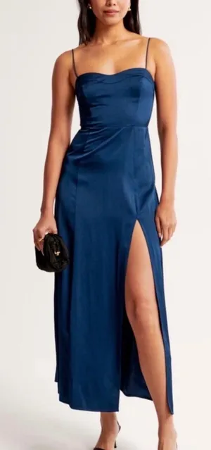 Abercrombie & Fitch Camille Satin Midi Dress Navy Blue High Slit Size Medium thumbnail 1
