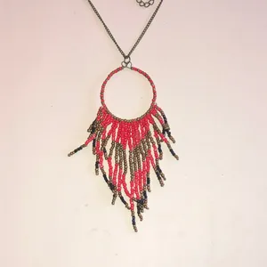 Beaded Boho Fringe Hoop Necklace - Red and Bronze thumbnail 2