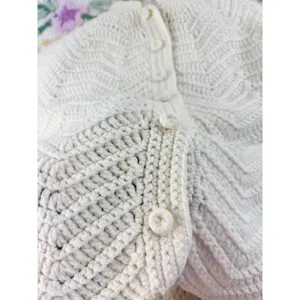 Vintage Handmade Crochet Poncho Capelet Cream Ivory Chevron Button Front Wrap thumbnail 4