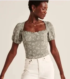 Abercrombie and Fitch Green Floral Puff Sleeve Top thumbnail 1