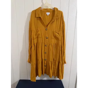 Mud Pie Mustard Yellow Tiered Button Down Shirt Dress Long Sleeve Large thumbnail 2