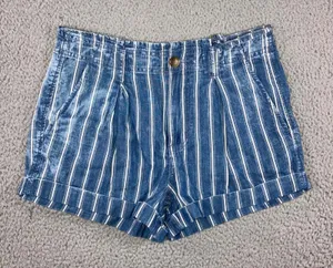 American Eagle Shorts Women 6 Blue White Striped‎ Pleated Paperbag Waist Boho thumbnail 1