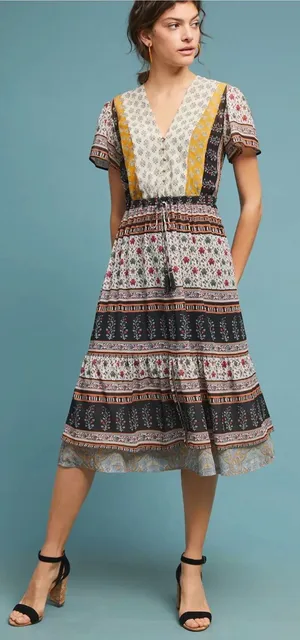 🌼✨ One September Mixed Print Boho‎ Midi Dress Tassel Tie XS Anthropologie ✨🌼 thumbnail 1
