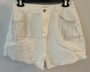 Cloud Ten White Denim Rhinestone Fringe Cuffed High Waisted Shorts Large NEW thumbnail 1