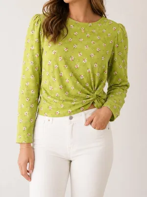 Ungaro Green Floral Satin Twist Front Blouse Puff Sleeve Size 8 thumbnail 9