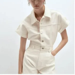 NWT ZARA DENIM TRF SHIMMERY PLAYSUIT Oyster White Medium Bloggers Fave thumbnail 2