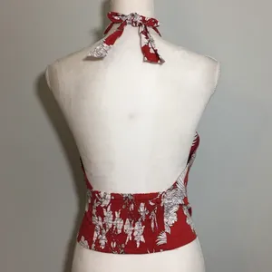 Express NWOT Red White Floral Smocked Halter Top thumbnail 3