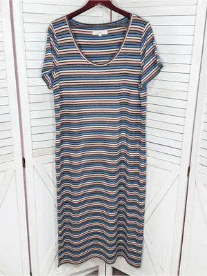 Loft Striped Shimmer Knit Midi Tee Shirt Dress Pink Blue Grey Metallic Size XL thumbnail 7