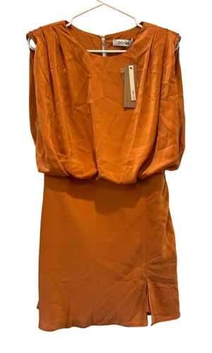 NEW DO+BE Mini Dress Women L Burnt‎ Orange Blouson Pleated Structured Shoulder thumbnail 1