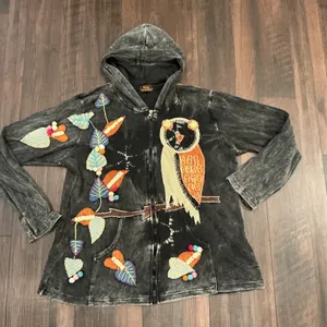 Rising International Hoodie L Grey Owl‎ Appliqué Acid Wash Boho Hippie Zip Up thumbnail 1