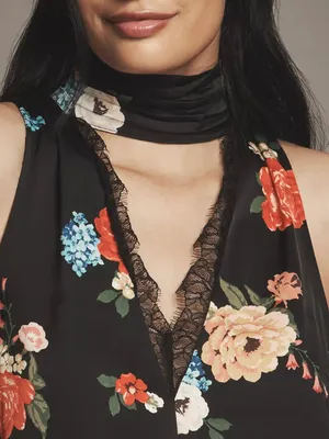 By Anthropologie Lace-Trim Silky Halter Tank Top Floral Scarf Size Medium New thumbnail 3