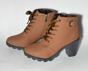 Tan Ankle Boots Lace Up Chunky Block Heel Lug Sole Buckle Detail Size 38/7 thumbnail 1