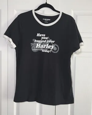 Harley-Davidson Hugged Your Harley Ringer Tee Womens Size L Black Cotton Graphic thumbnail 1
