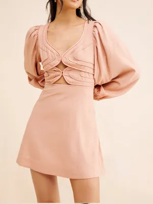 Farm Rio for Anthropologie Linen Long Sleeve Cutout Mini Dress Medium thumbnail 1