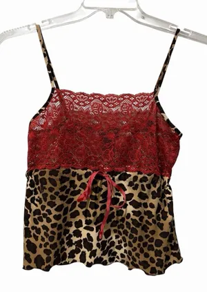 Bisou‎ Bisou Michele Bohbot Ruffle Cami Top Blouse Y2K Small Red Lace Animal thumbnail 1