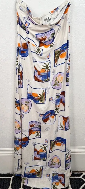 Paper Heart Strapless Maxi Dress Womens L Ivory Postcard Print Smocked Back Side thumbnail 1