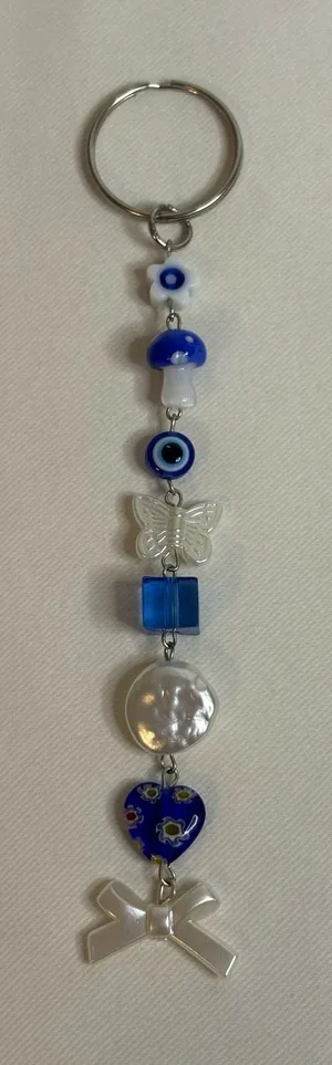 Handmade Blue/White Beaded Keychain thumbnail 1