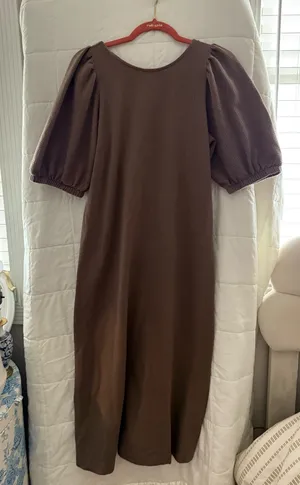 Long brown puff sleeve modest back tie dress fall style midi maxi long dress thumbnail 1