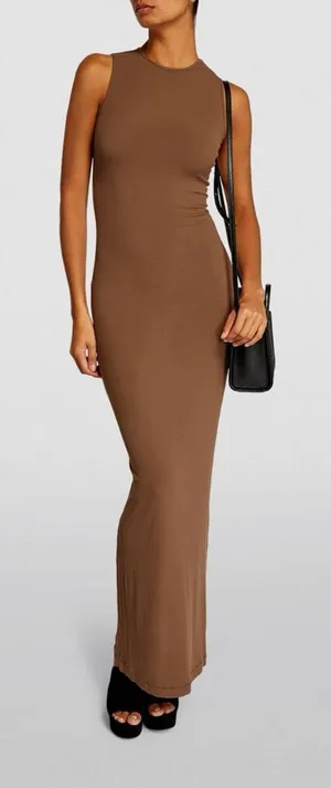 Skims Ribbed Soft Lounge Maxi Dress Size S Bodycon Brown Vacation Spring Summer thumbnail 1