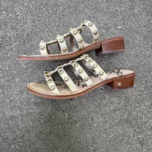 Sam Edelman Women Ivory Leather Studded Cage Slide Sandals Cork Block Heel Sz 8 thumbnail 5