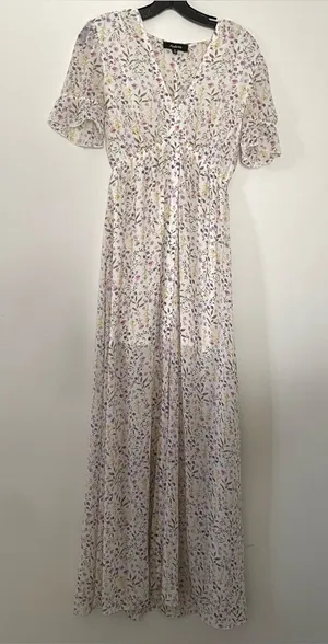 Floral Maxi Dress Womens Small White Cottagecore Romantic Flowy Chiffon Summer thumbnail 1