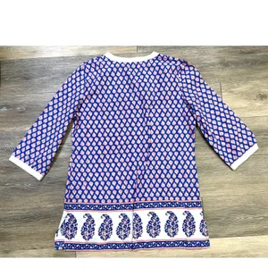 J. Crew Blue Pink Paisley Floral Tunic Top Large Boho Split Neck 3/4 Sleeve thumbnail 2