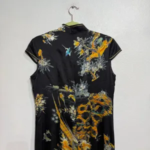 Vintage Style Black Satin Cheongsam Bird Print Midi Dress Sz M thumbnail 5
