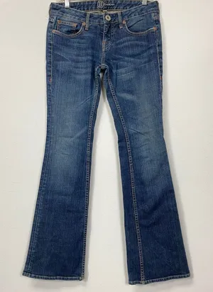 Bebe‎ EWomens Dark Wash Blue Denim Bootcut Low Rise Pants size 28 FLAWED thumbnail 1