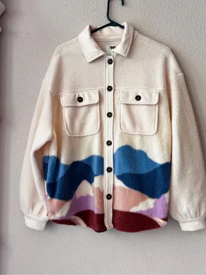 SO Cream Teddy Jacket with Blue, Purple & Burgundy Wave Panels thumbnail 2