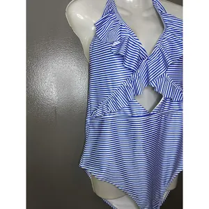Aerie Swimsuit Womens XL Blue Stripe Ruffle Halter One Piece Front Cutout thumbnail 3