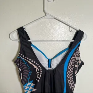 Women's Size Medium‎ One Piece Swimsuit Black Blue Beige Geometric V-Neck thumbnail 7