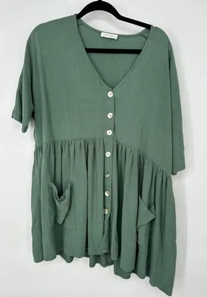 Vestique Babydoll Dress S Green Short Sleeve Button Front Pockets‎ Casual Boho thumbnail 1