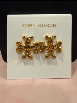 Tory Burch | Gold Plated Icon Logo and Rich Bronzy Enamel Stud Earrings | Sm/Med thumbnail 5