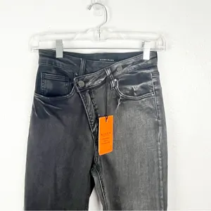 RISEN High Rise Crossover Released Frayed Hem Two Tone Black Wash Denim Jeans 25 thumbnail 15