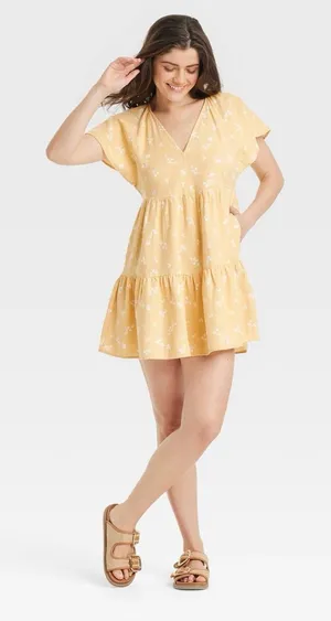 Universal Thread NWT Linen Blend Yellow Floral Flutter Sleeve Mini Dress Pockets thumbnail 1