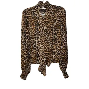 Express Size Medium Leopard Print Smocked Mock Neck Tie-Front Top. Preloved thumbnail 4