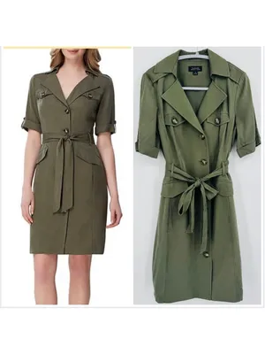 Tahari Olive Midi Shirt Dress Size 6 Military Inspired thumbnail 2