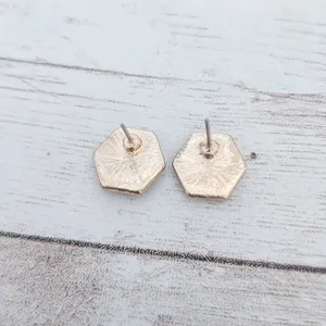 Vintage Stud Earrings Hexagon Shape Gold Tone & Turquoise Tone 0.5" Dainty thumbnail 4