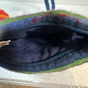 Handmade Wool Coin Purse Handbag Made in Nepal Small Zip Top Blue Purple Flower thumbnail 7
