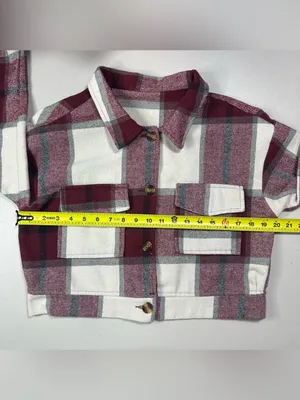 Women’s Cropped Plaid Shacket Jacket Burgundy Cream Size M Button Front thumbnail 5