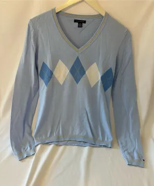 Tommy Hilfiger Light Blue Argyle V-Neck Sweater with Blue & White Diamonds thumbnail 1