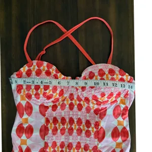 Maeve by Anthropologie Smocked Geometric One Piece Swimsuit Coral‎ Pink Large thumbnail 4