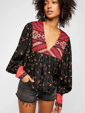 Free People Lady Lou Embroidered Black Blouse size medium Blouse thumbnail 1