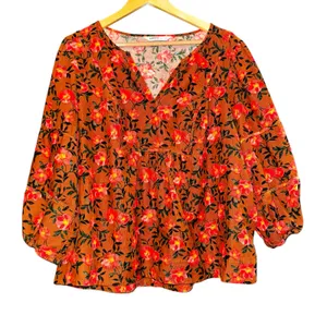 Sonoma Burnt Orange Floral Corduroy Blouse Women's Size 1X‎ Peasant Fall Pumpkin thumbnail 2