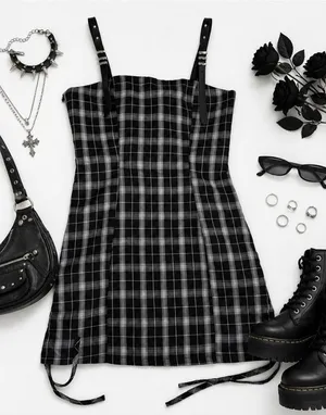 Punk Rave Plaid Corset Mini Dress Lace Up Back Buckle Straps Goth thumbnail 1